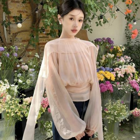 早春新款法式慵懒风圆领拼接飘带抽褶气质小衫收腰衬衫  服裝批發女裝批發服飾貨源