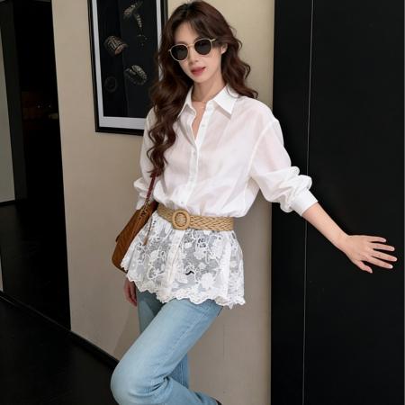 春季新款韩系白色蕾丝拼接长袖衬衫女法式上衣配腰带  服裝批發女裝批發服飾貨源