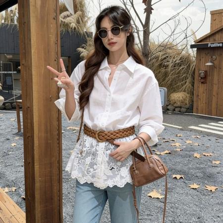 春季新款韩系白色蕾丝拼接长袖衬衫女法式上衣配腰带  服裝批發女裝批發服飾貨源