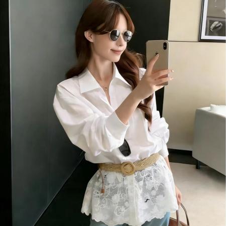 春季新款韩系白色蕾丝拼接长袖衬衫女法式上衣配腰带  服裝批發女裝批發服飾貨源