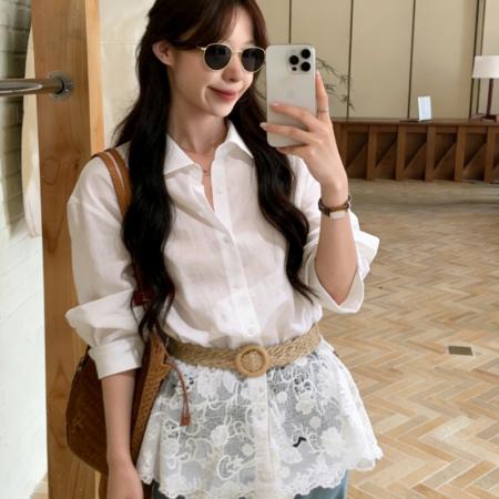 春季新款韩系白色蕾丝拼接长袖衬衫女法式上衣配腰带  服裝批發女裝批發服飾貨源