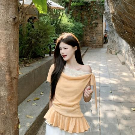 温柔风斜肩荡领针织T恤女波西米亚设计感假两件露肩短袖上衣  服裝批發女裝批發服飾貨源