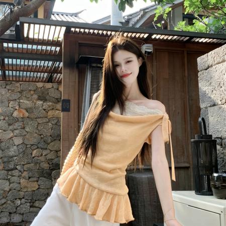 温柔风斜肩荡领针织T恤女波西米亚设计感假两件露肩短袖上衣  服裝批發女裝批發服飾貨源