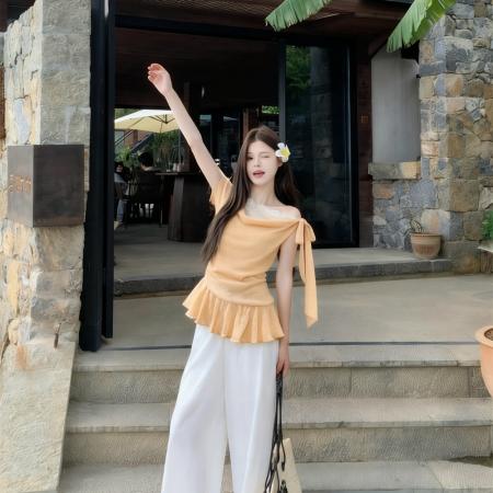 温柔风斜肩荡领针织T恤女波西米亚设计感假两件露肩短袖上衣  服裝批發女裝批發服飾貨源