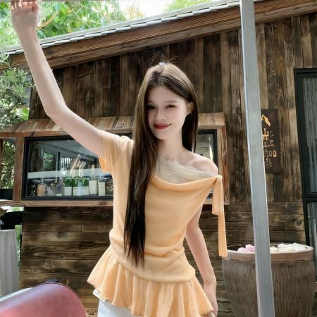 温柔风斜肩荡领针织T恤女波西米亚设计感假两件露肩短袖上衣  服裝批發女裝批發服飾貨源