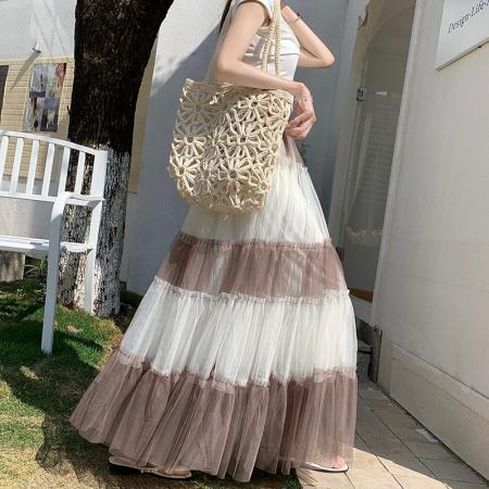 BY13560# 霓裳小众设计百搭蕾丝网纱气质松紧大摆显瘦a字裙拼接网纱蓬蓬裙  服裝批發女裝批發服飾貨源