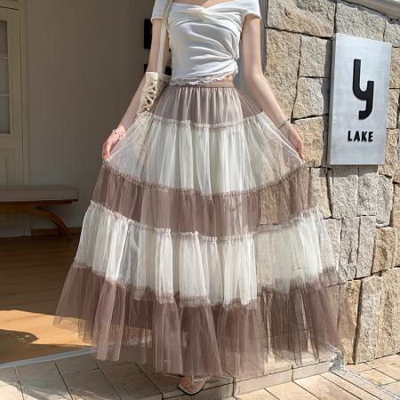 BY13560# 霓裳小众设计百搭蕾丝网纱气质松紧大摆显瘦a字裙拼接网纱蓬蓬裙  服裝批發女裝批發服飾貨源