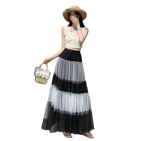 BY13560# 霓裳小众设计百搭蕾丝网纱气质松紧大摆显瘦a字裙拼接网纱蓬蓬裙  服裝批發女裝批發服飾貨源