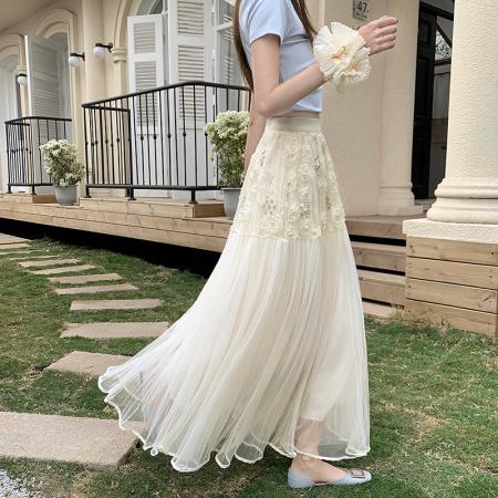 杏色玫瑰镶水晶钻设计少女感玫瑰花朵蕾丝拼接A字网纱半身裙  服裝批發女裝批發服飾貨源