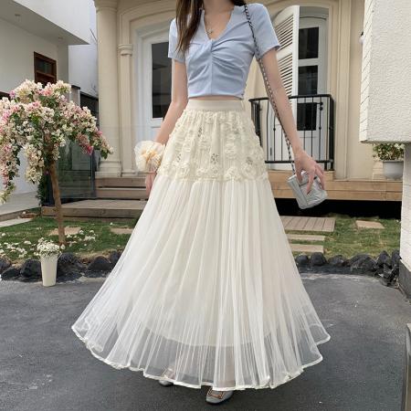 BY13563# 杏色玫瑰镶水晶钻设计少女感玫瑰花朵蕾丝拼接A字网纱半身裙  服裝批發女裝批發服飾貨源