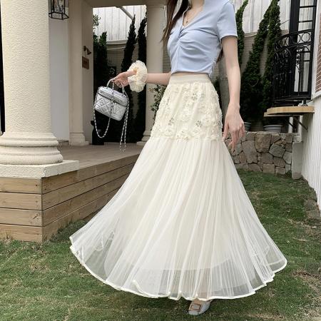 BY13563# 杏色玫瑰镶水晶钻设计少女感玫瑰花朵蕾丝拼接A字网纱半身裙  服裝批發女裝批發服飾貨源