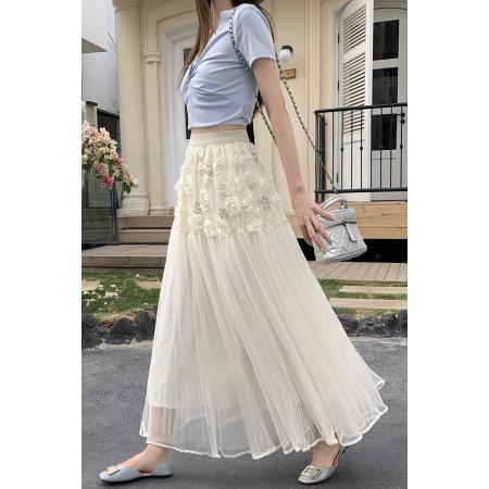 BY13563# 杏色玫瑰镶水晶钻设计少女感玫瑰花朵蕾丝拼接A字网纱半身裙  服裝批發女裝批發服飾貨源