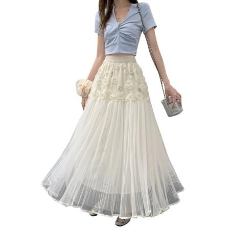 BY13563# 杏色玫瑰镶水晶钻设计少女感玫瑰花朵蕾丝拼接A字网纱半身裙  服裝批發女裝批發服飾貨源