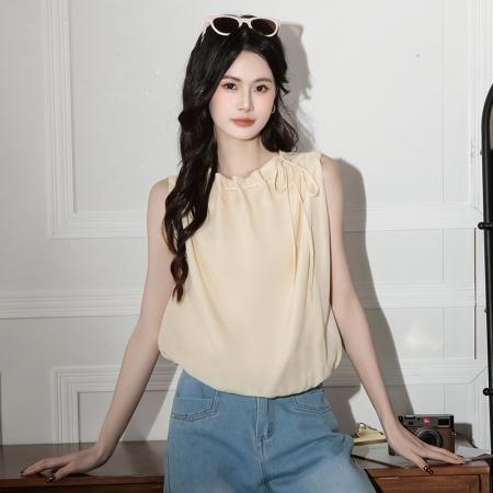 纯色挂脖露肩花苞娃娃衫上衣女夏季外穿甜美遮肚小衫无袖背心衬衫  服裝批發女裝批發服飾貨源