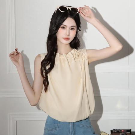 纯色挂脖露肩花苞娃娃衫上衣女夏季外穿甜美遮肚小衫无袖背心衬衫  服裝批發女裝批發服飾貨源