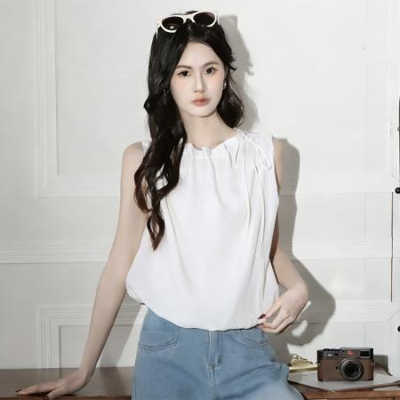 纯色挂脖露肩花苞娃娃衫上衣女夏季外穿甜美遮肚小衫无袖背心衬衫  服裝批發女裝批發服飾貨源