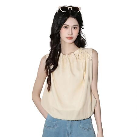 纯色挂脖露肩花苞娃娃衫上衣女夏季外穿甜美遮肚小衫无袖背心衬衫  服裝批發女裝批發服飾貨源