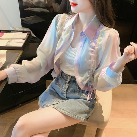 透气薄款印花短款雪纺外套女装夏季新款设计感抽绳防晒开衫  服裝批發女裝批發服飾貨源