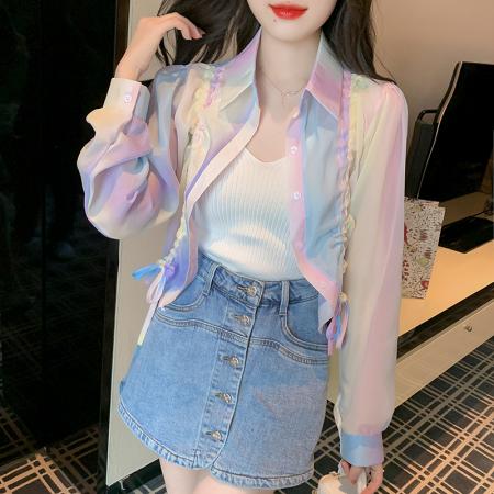 BY13566# 透气薄款印花短款雪纺外套女装夏季新款设计感抽绳防晒开衫  服裝批發女裝批發服飾貨源