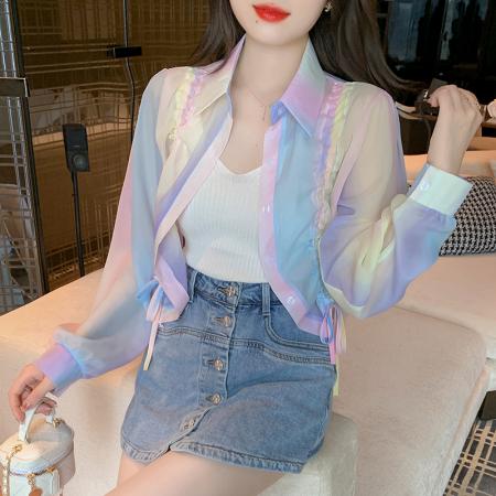 BY13566# 透气薄款印花短款雪纺外套女装夏季新款设计感抽绳防晒开衫  服裝批發女裝批發服飾貨源