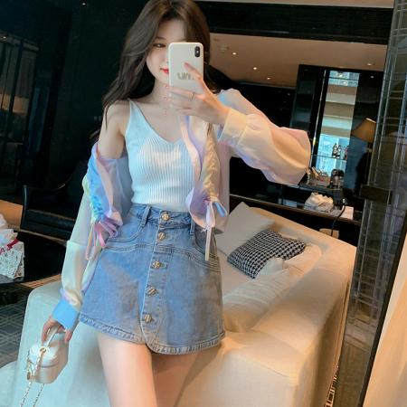 BY13566# 透气薄款印花短款雪纺外套女装夏季新款设计感抽绳防晒开衫  服裝批發女裝批發服飾貨源