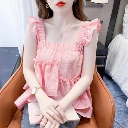 BY13571# 粉色格子不规则下摆吊带背心女夏季别致设计感无袖上衣外穿  服裝批發女裝批發服飾貨源