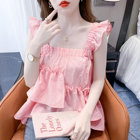 BY13571# 粉色格子不规则下摆吊带背心女夏季别致设计感无袖上衣外穿  服裝批發女裝批發服飾貨源