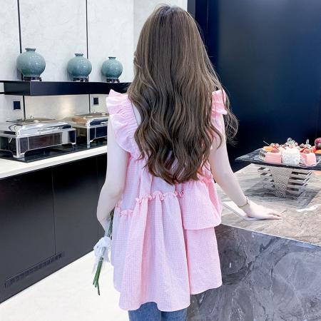 BY13571# 粉色格子不规则下摆吊带背心女夏季别致设计感无袖上衣外穿  服裝批發女裝批發服飾貨源