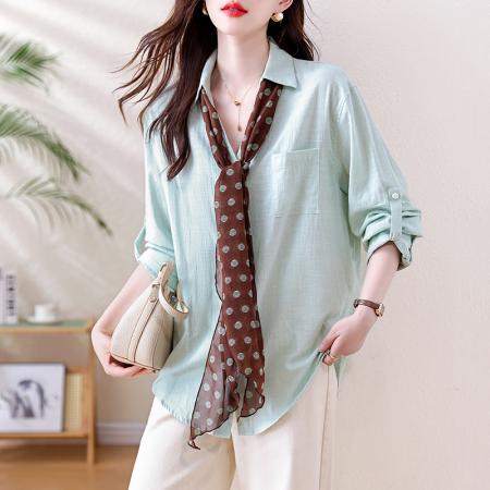春季新款棉麻衬衫薄荷绿清新V领显瘦宽松衬衫女送丝巾  服裝批發女裝批發服飾貨源