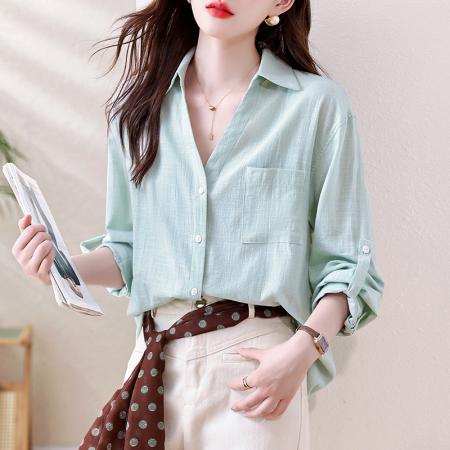 春季新款棉麻衬衫薄荷绿清新V领显瘦宽松衬衫女送丝巾  服裝批發女裝批發服飾貨源