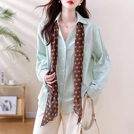 春季新款棉麻衬衫薄荷绿清新V领显瘦宽松衬衫女送丝巾  服裝批發女裝批發服飾貨源