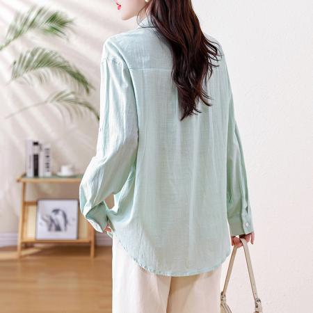春季新款棉麻衬衫薄荷绿清新V领显瘦宽松衬衫女送丝巾  服裝批發女裝批發服飾貨源