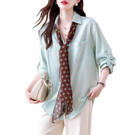 春季新款棉麻衬衫薄荷绿清新V领显瘦宽松衬衫女送丝巾  服裝批發女裝批發服飾貨源
