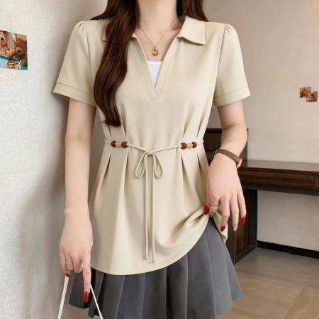 假两件V领短袖衬衫女春夏大码胖mm显瘦遮肚子设计感串珠系带上衣  服裝批發女裝批發服飾貨源