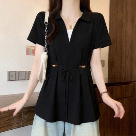 假两件V领短袖衬衫女春夏大码胖mm显瘦遮肚子设计感串珠系带上衣  服裝批發女裝批發服飾貨源