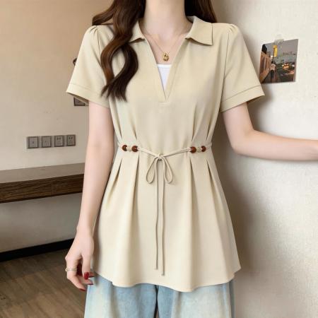 假两件V领短袖衬衫女春夏大码胖mm显瘦遮肚子设计感串珠系带上衣  服裝批發女裝批發服飾貨源