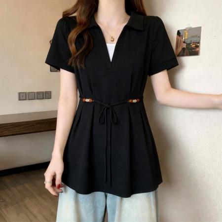 假两件V领短袖衬衫女春夏大码胖mm显瘦遮肚子设计感串珠系带上衣  服裝批發女裝批發服飾貨源