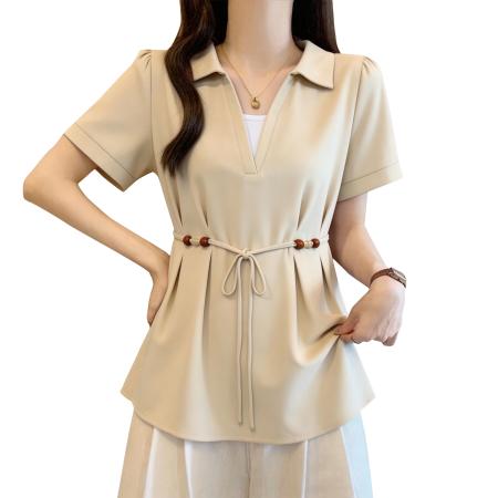 假两件V领短袖衬衫女春夏大码胖mm显瘦遮肚子设计感串珠系带上衣  服裝批發女裝批發服飾貨源