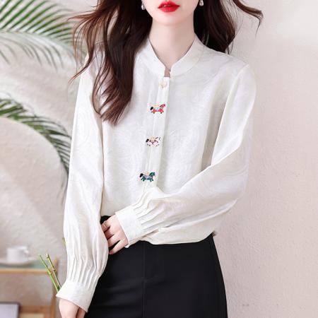小马衬衫新款中式风立领刺绣提花衬衫女长袖宽松百搭气质上衣  服裝批發女裝批發服飾貨源