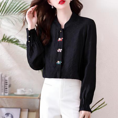 小马衬衫新款中式风立领刺绣提花衬衫女长袖宽松百搭气质上衣  服裝批發女裝批發服飾貨源