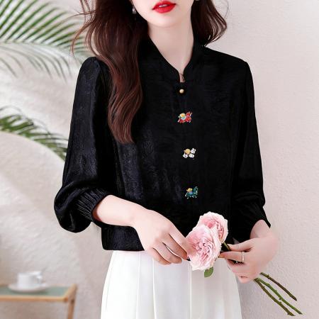 小马衬衫新款中式风立领刺绣提花衬衫女长袖宽松百搭气质上衣  服裝批發女裝批發服飾貨源