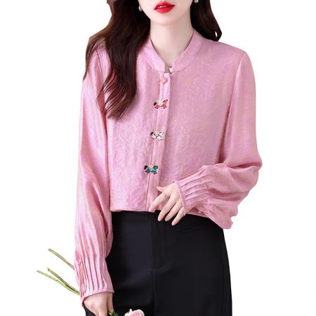 小马衬衫新款中式风立领刺绣提花衬衫女长袖宽松百搭气质上衣  服裝批發女裝批發服飾貨源