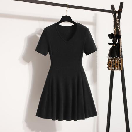 BY13579# 大码女装夏装新款短袖针织连衣裙修身显瘦法式V领连衣裙  服裝批發女裝批發服飾貨源