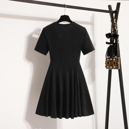 BY13579# 大码女装夏装新款短袖针织连衣裙修身显瘦法式V领连衣裙  服裝批發女裝批發服飾貨源