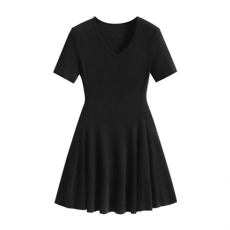 BY13579# 大码女装夏装新款短袖针织连衣裙修身显瘦法式V领连衣裙  服裝批發女裝批發服飾貨源