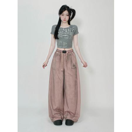 “甜酷系列”美式街头运动裤春季新款脏染长裤做旧哥特运动裤  服裝批發女裝批發服飾貨源