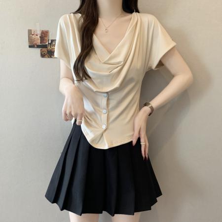 BY13582# 设计感荡领短袖T恤女夏季新款韩系单排纽扣收腰显瘦大码上衣  服裝批發女裝批發服飾貨源