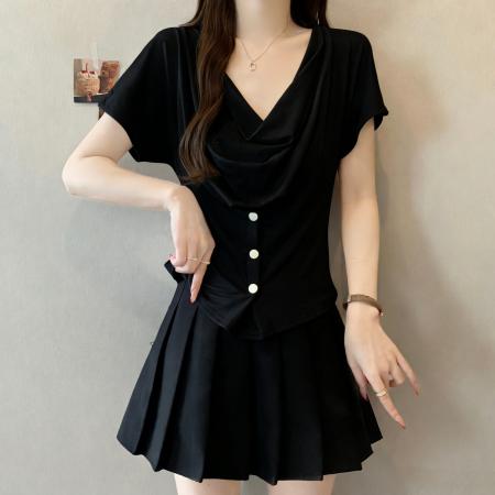 BY13582# 设计感荡领短袖T恤女夏季新款韩系单排纽扣收腰显瘦大码上衣  服裝批發女裝批發服飾貨源