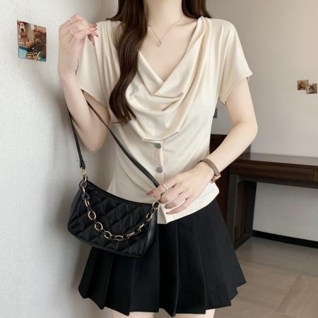 BY13582# 设计感荡领短袖T恤女夏季新款韩系单排纽扣收腰显瘦大码上衣  服裝批發女裝批發服飾貨源