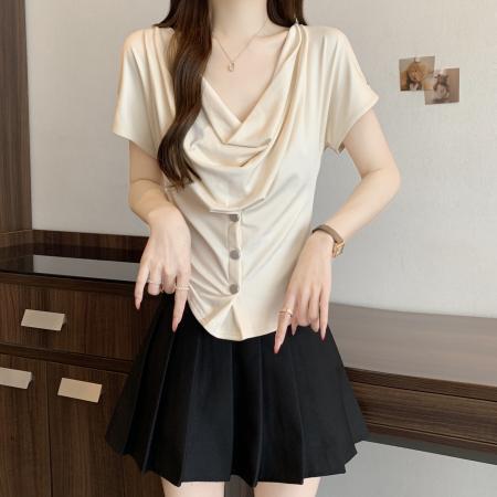 BY13582# 设计感荡领短袖T恤女夏季新款韩系单排纽扣收腰显瘦大码上衣  服裝批發女裝批發服飾貨源